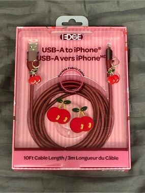 edge Red Fabric USB-A to iPhone Cable with Cherry Charms